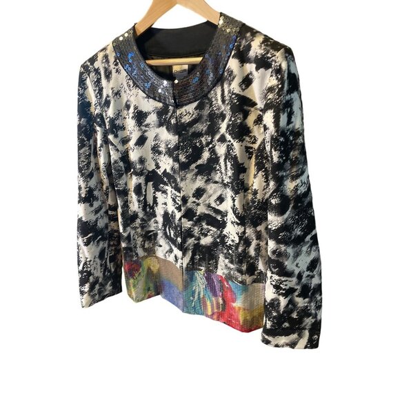 Chico's Geisha Girl Black White Sequined Neckline Colorful Sequin Hem Jacket - Picture 5 of 11